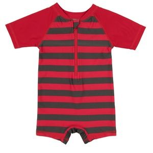 New red & grey striped rash guard swim sun suit 6-12 months